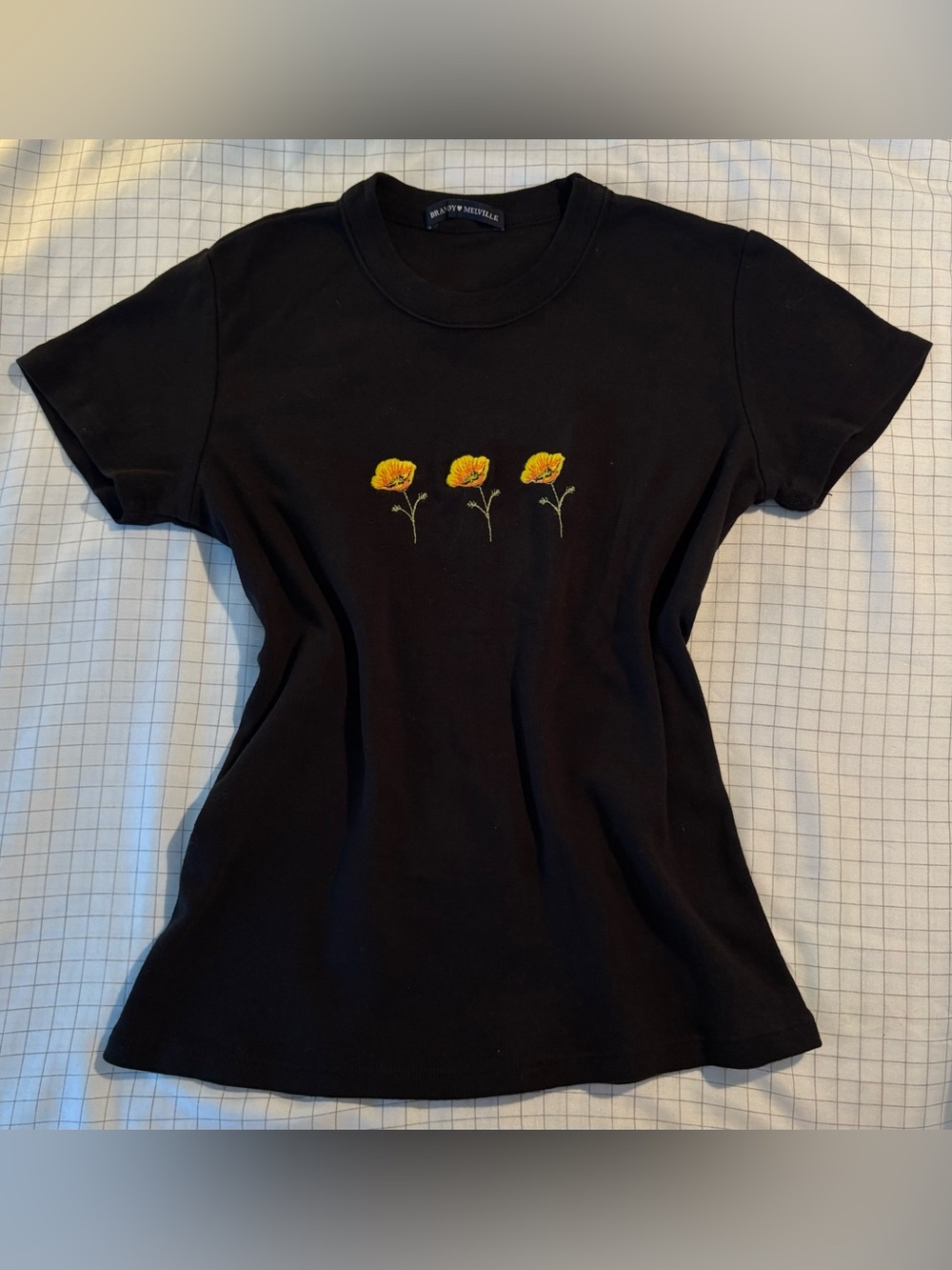 Brandy Melville Black Tee with Yellow Flower Embroidery